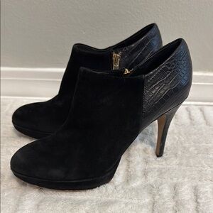 Vince Camuto Elvin Suede Platform Bootie With Crocodile Leather Heel